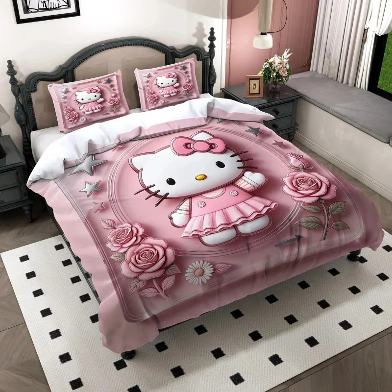 Linen Duvet Cover - Hello Kitty Dekbedovertrekset 3D Roze Roos